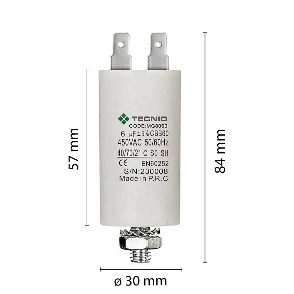 Tecnid Condensateur de démarrage pour moteurs électriques, 450V, capacité : 6 microfarad, 4 broches / M8
