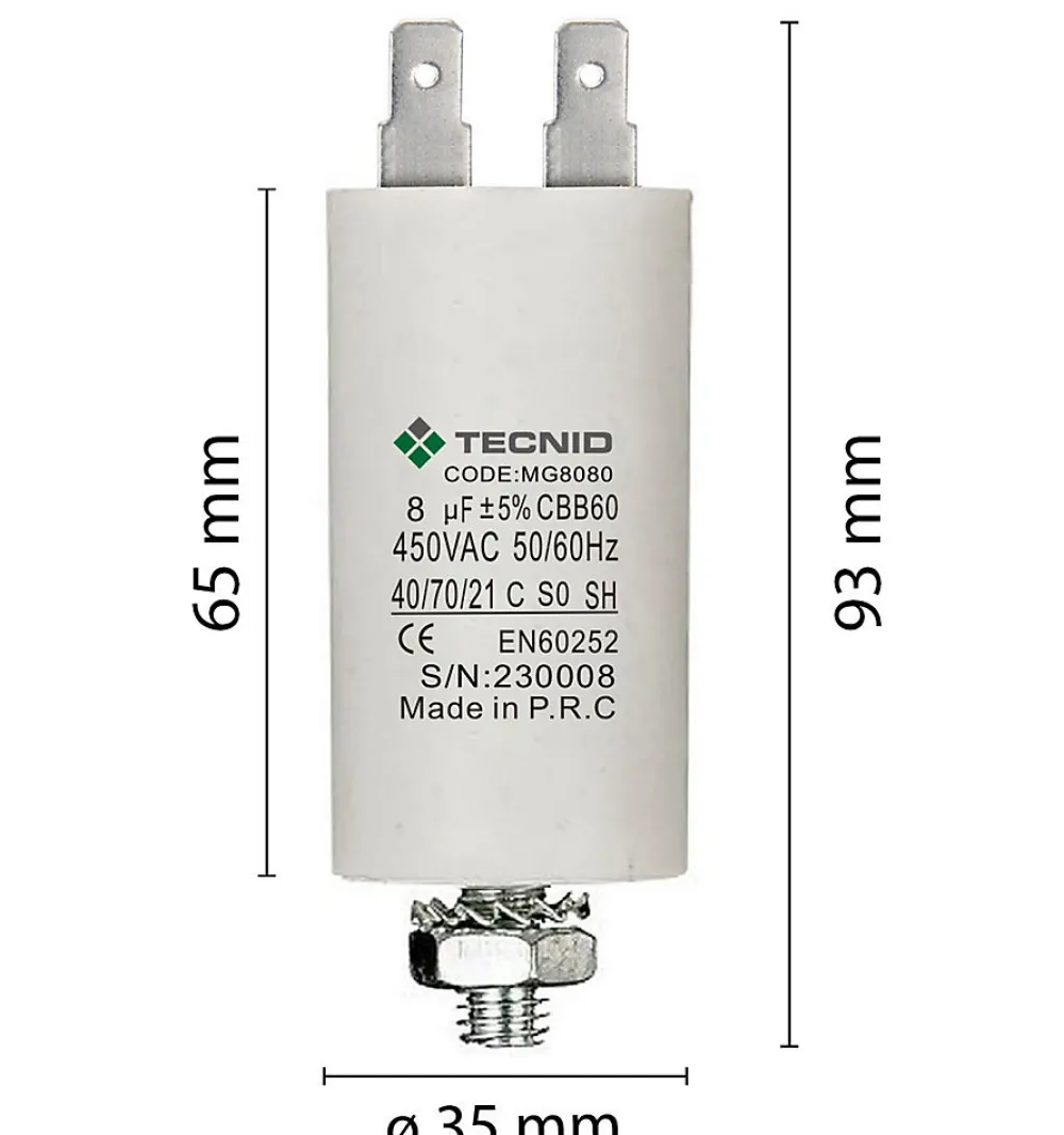 Tecnid Fusible-Condensateur de démarrage pour moteurs électriques, 450V, capacité : 10 microfarad, 4 broches / M8