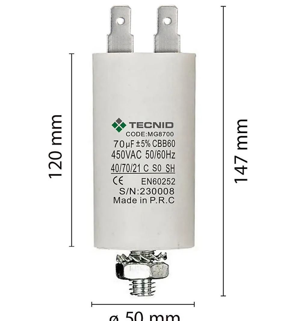 Tecnid Fusible-Condensateur de démarrage pour moteurs électriques, 450V, capacité : 70 microfarad, 4 broches / M8