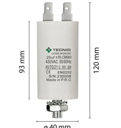 Tecnid Fusible-Condensateur de démarrage pour moteurs électriques, 450V, capacité : 25 microfarad, 4 broches / M8