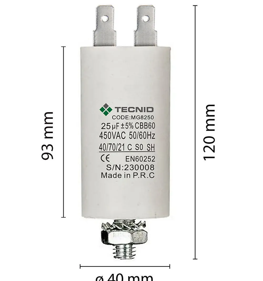 Tecnid Fusible-Condensateur de démarrage pour moteurs électriques, 450V, capacité : 25 microfarad, 4 broches / M8