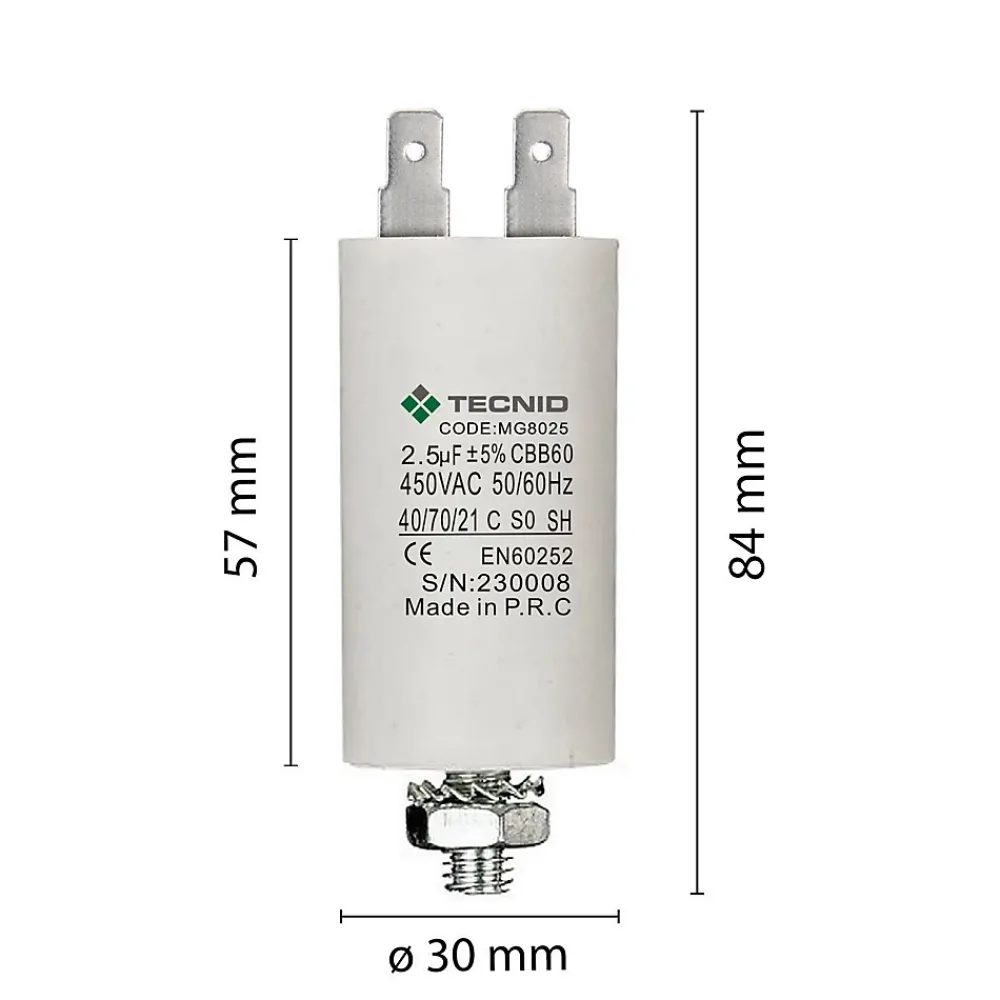 Tecnid Fusible-Condensateur de démarrage pour moteurs électriques, 450V, capacité : 2,5 microfarad, 4 broches / M8