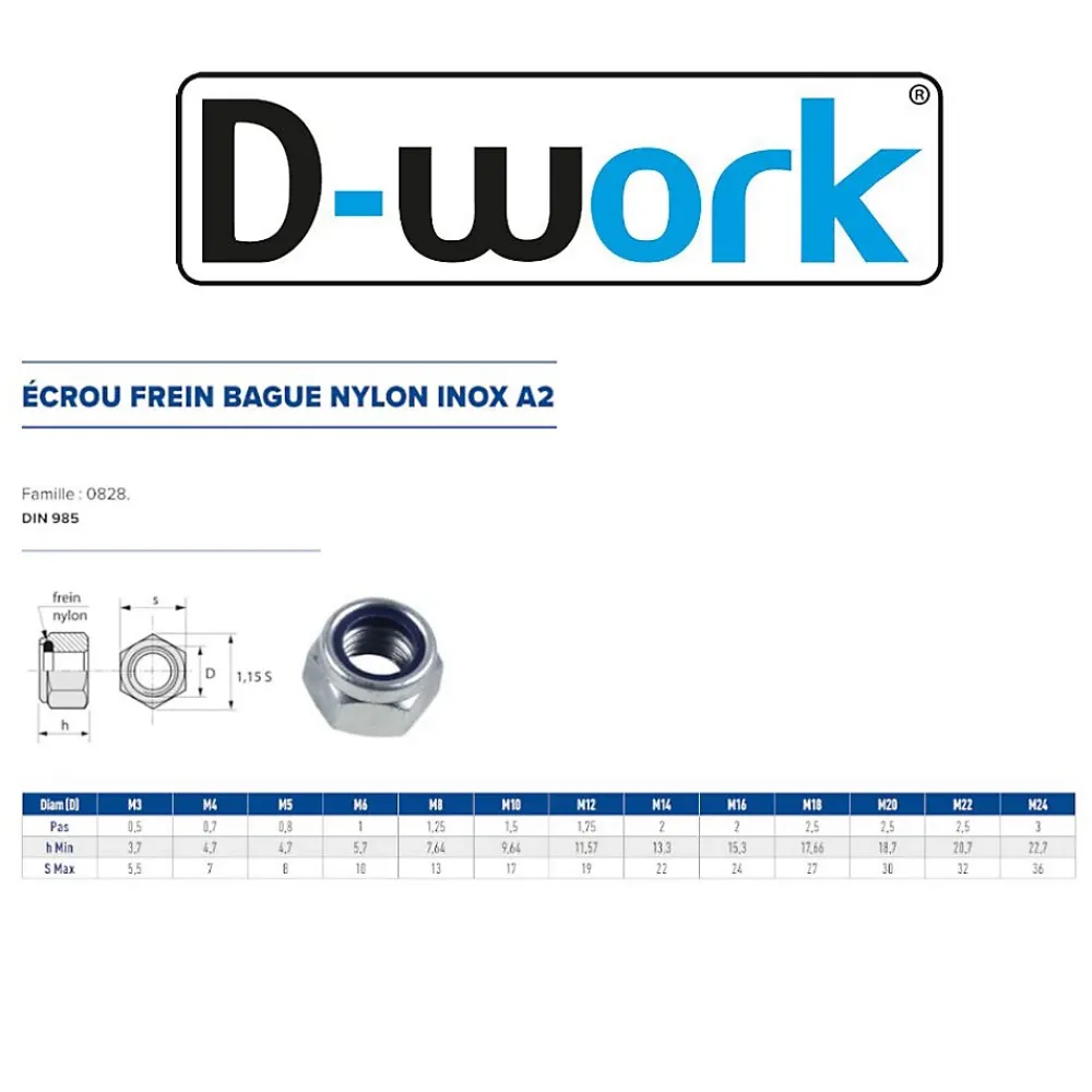 D-Work Écrou-4 Coques de 50 Ecrous Freins Indésserrables M6 mm - DIN 985 - Inox A2 -