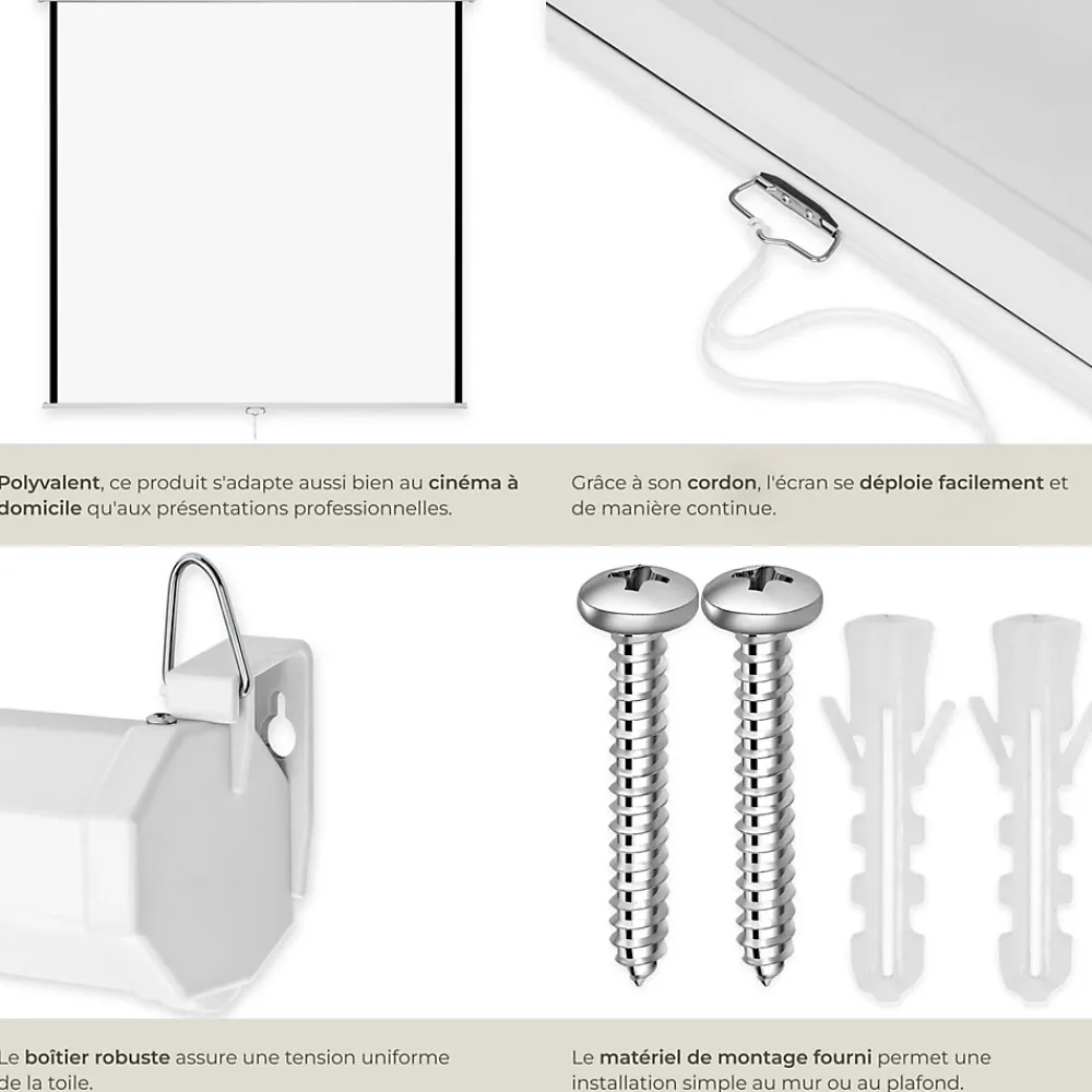 Tectake Projecteur Et Lampe De Chantier-Écran de projection extensible mural en polyester blanc