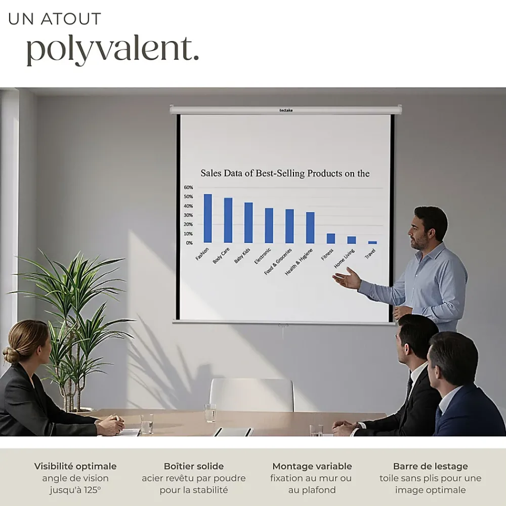 Tectake Projecteur Et Lampe De Chantier-Écran de projection extensible mural en polyester blanc