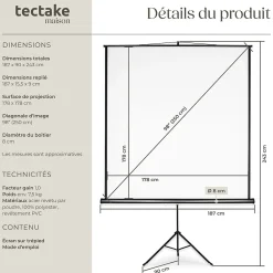 Tectake Projecteur Et Lampe De Chantier-Écran de projection extensible avec un trépied en polyester blanc