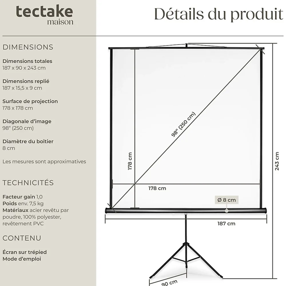 Tectake Projecteur Et Lampe De Chantier-Écran de projection extensible avec un trépied en polyester blanc