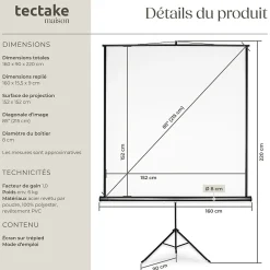Tectake Écran de projection extensible avec un trépied en polyester blanc