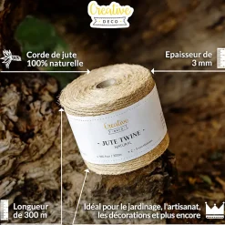 Creative Deco Corde, Fil Et Ficelle-Ficelle Jute 300m 3mm - Corde Naturelle pour Jardinage, Bricolage, Mariage Champêtre, Attache Tomate et Ballons