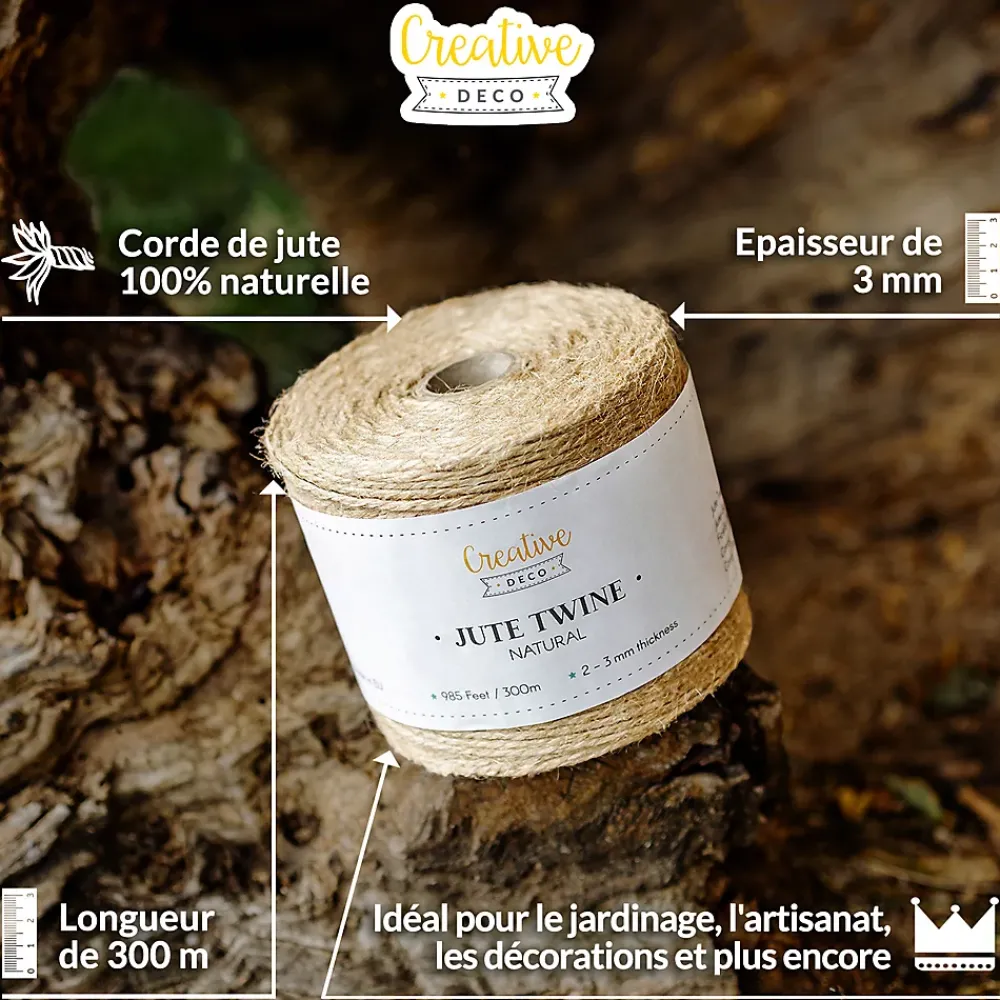 Creative Deco Corde, Fil Et Ficelle-Ficelle Jute 300m 3mm - Corde Naturelle pour Jardinage, Bricolage, Mariage Champêtre, Attache Tomate et Ballons