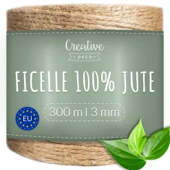 Creative Deco Corde, Fil Et Ficelle-Ficelle Jute 300m 3mm - Corde Naturelle pour Jardinage, Bricolage, Mariage Champêtre, Attache Tomate et Ballons