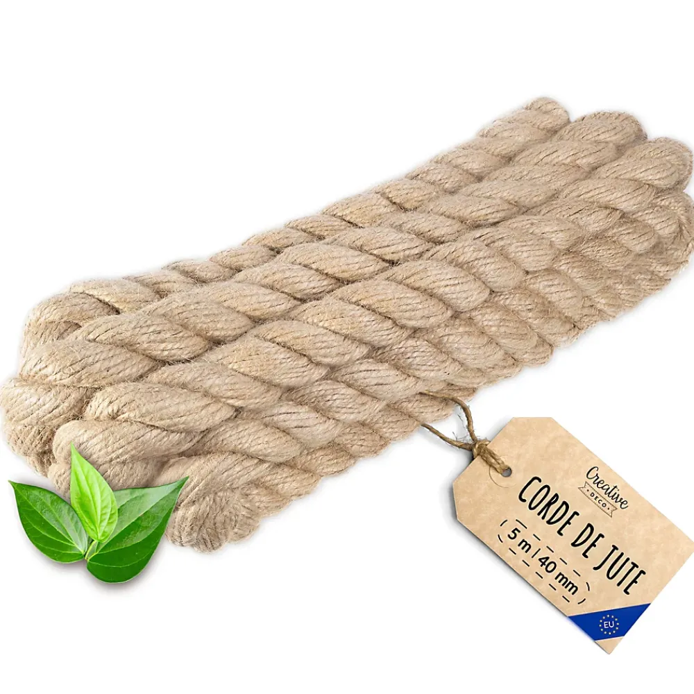 Creative Deco 5m Corde de Jute Epaisseur 40mm - Personnalisation Possible Tous les 5m - Corde Solide - Torsadé Fibres Naturelles