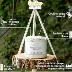Creative Deco 3mm x 300m Corde Macramé Fil de Coton Beige - +/- 0,5 mm Épaisseur - Ficelle de 12 Plis - Cordelette Naturel