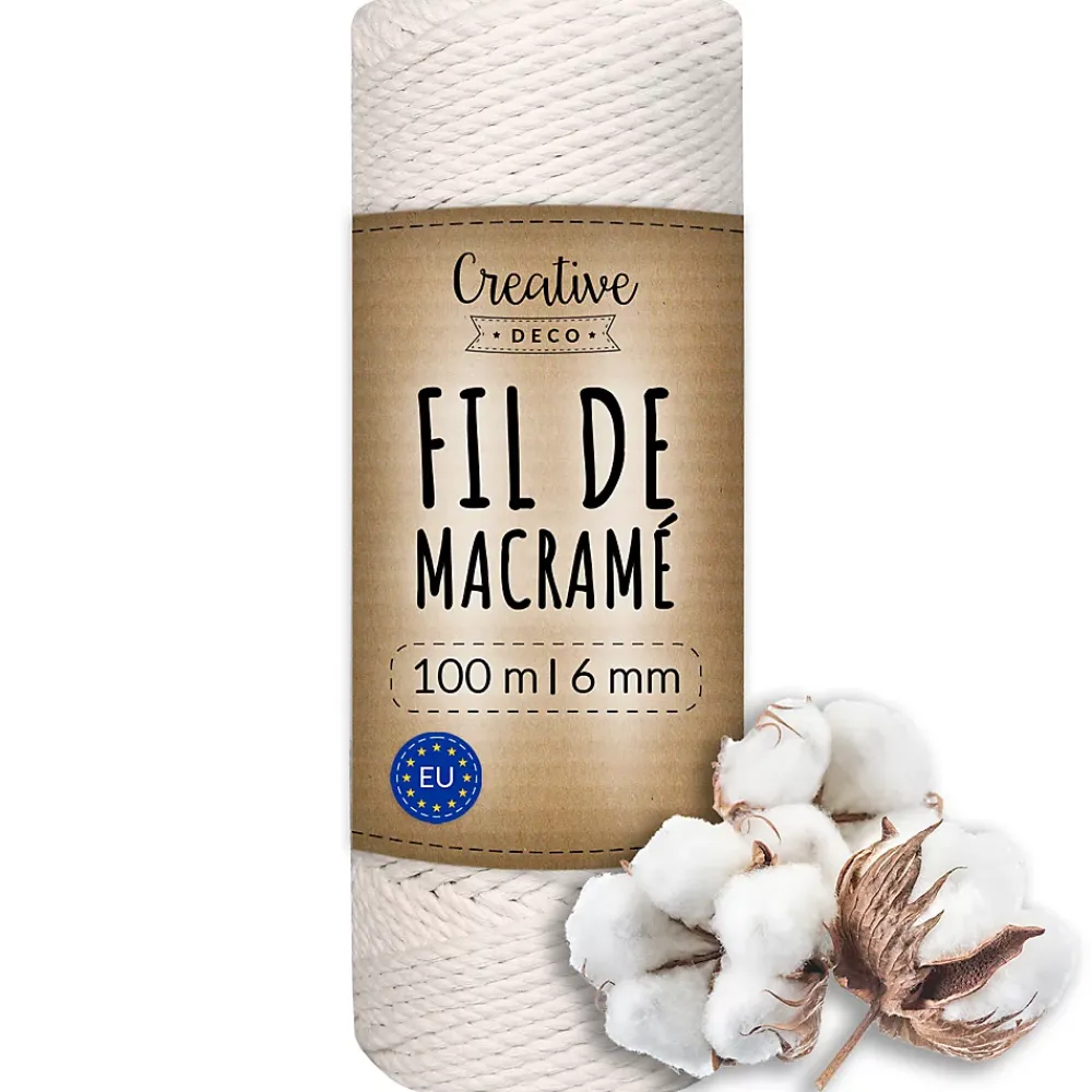 Creative Deco Corde, Fil Et Ficelle-6mm x 100m Corde Macramé Fil de Coton Blanc - +/- 0,5 mm Épaisseur - Ficelle de 37 Plis - Cordelette Naturel