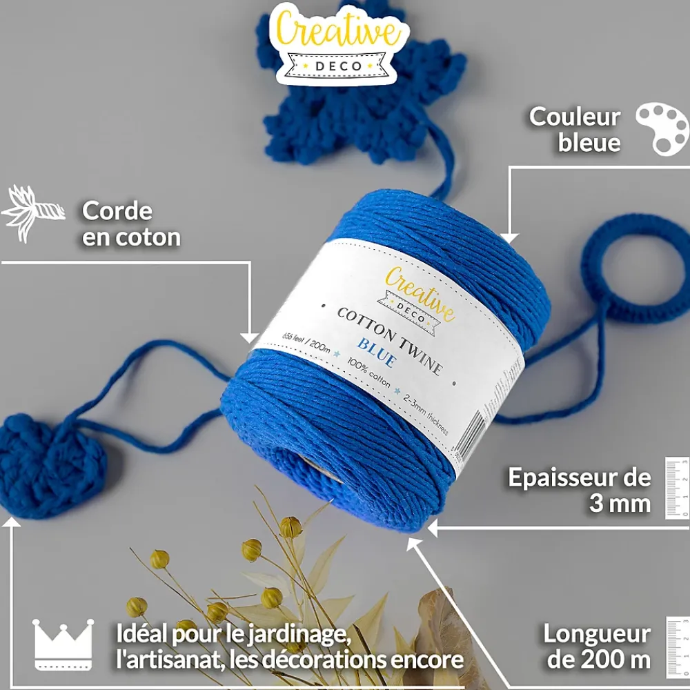 Creative Deco 3mm x 200m Corde Macramé Bleu - Fil de Coton et Polyester - +/- 0.5 mm Épaisseur - Decoration Jardinage Emballage
