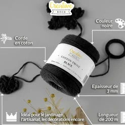 Creative Deco Corde, Fil Et Ficelle-3mm x 200m Corde Macramé Noir - Fil de Coton et Polyester - +/- 0.5 mm Épaisseur - Decoration Jardinage Emballage
