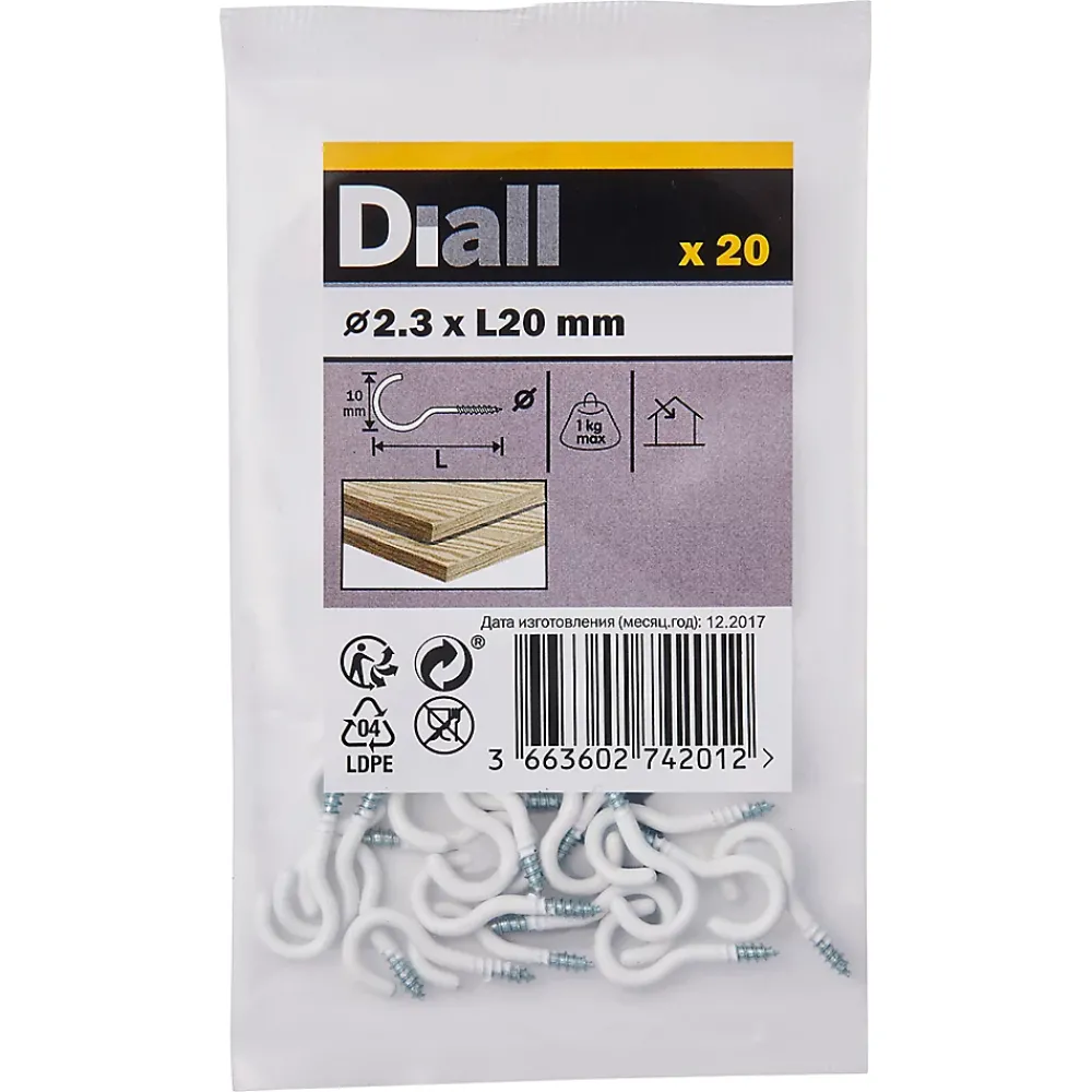 Diall Crochet À Visser-Crochet rond à visser en acier plastifié blanc 20x12 mm - 20 pièces