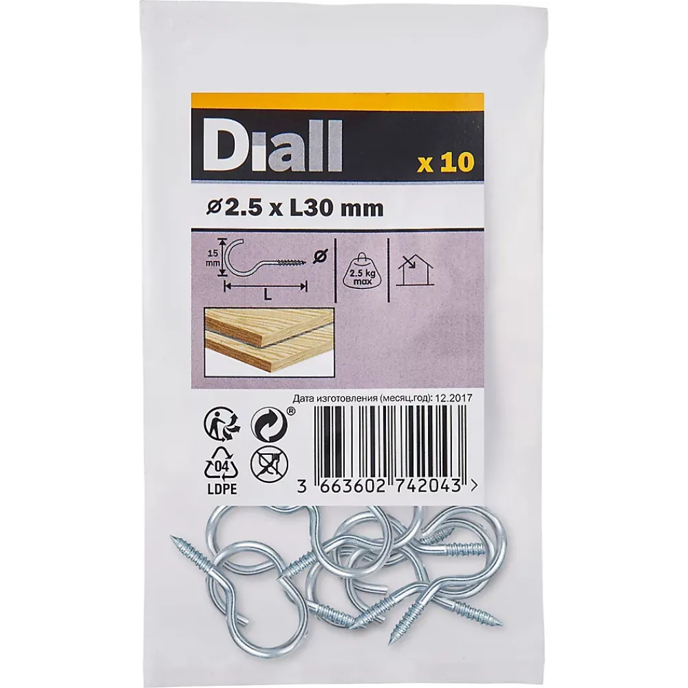 Diall Crochet rond à visser en acier zingué 30x15 mm - 10 pièces