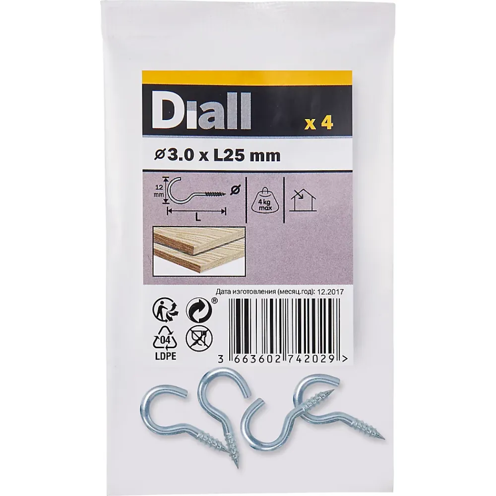 Diall Crochet À Visser-Crochet rond à visser en acier zingué 25x15 mm - 4 pièces