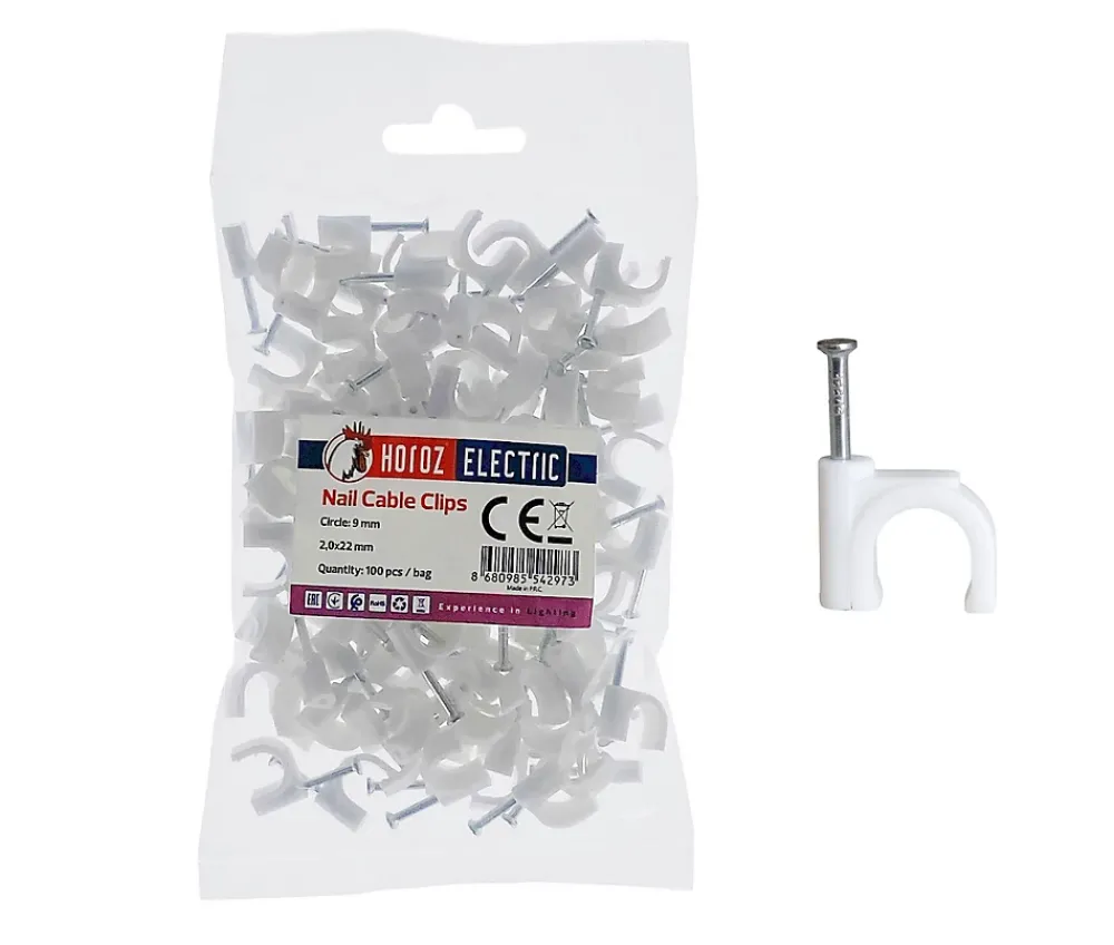 Horoz Electric Crochets fixation / Clips de Câble ronds type FLOP fi 9 mm, blancs, boîte de 100 pcs