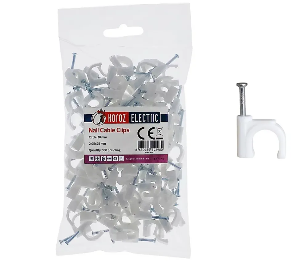 Horoz Electric Fixation Et Raccordement Du Câble-Crochets fixation / Clips de Câble ronds type FLOP fi 10 mm, blancs, boîte de 100 pcs