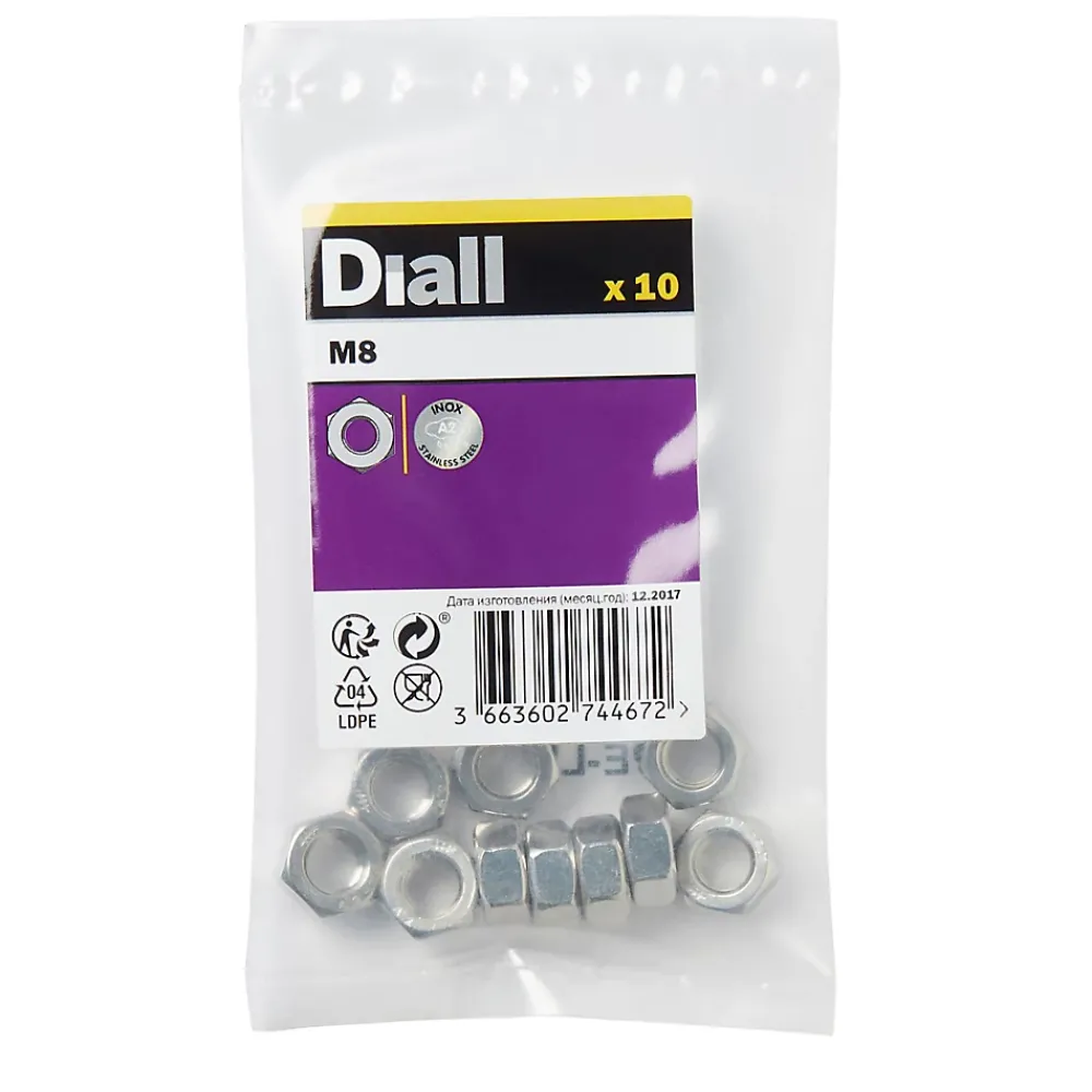 Diall Écrou-Écrous hexagonaux en acier inoxydable A2 ø 8 - 10 pièces