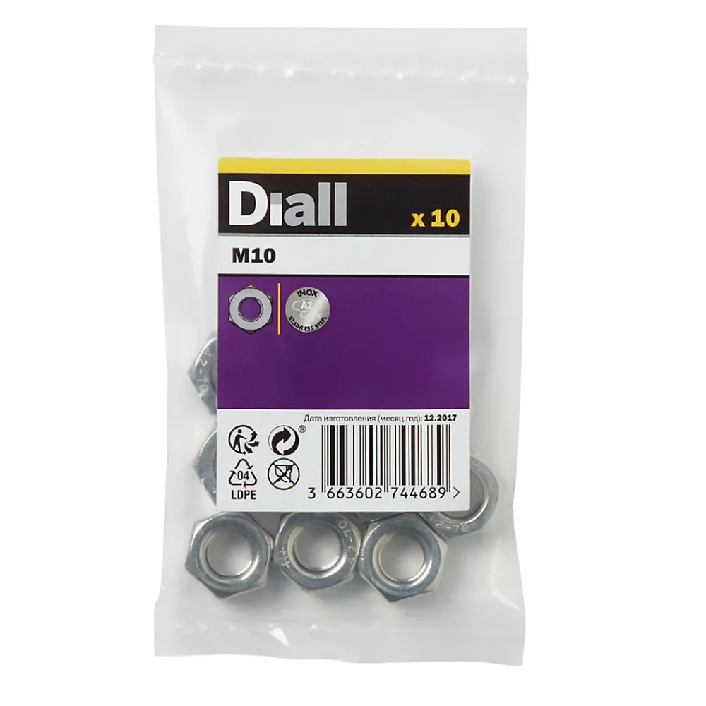 Diall Écrous hexagonaux en acier inoxydable A2 ø 10 - 10 pièces