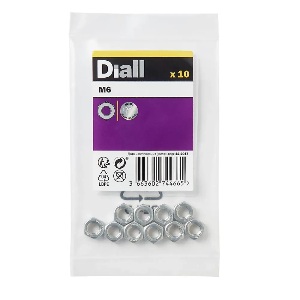 Diall Écrou-Écrous hexagonaux en acier inoxydable A2 ø 6 - 10 pièces