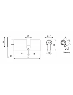 SP Cylindre de serrure à bouton 5G, 50Bx45mm, laiton, anti-arrachement, 5 clés -