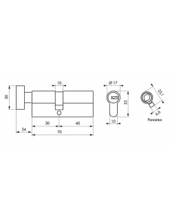 SP Cylindre de serrure à bouton 5G, 30Bx40mm, nickel, anti-arrachement, 5 clés -