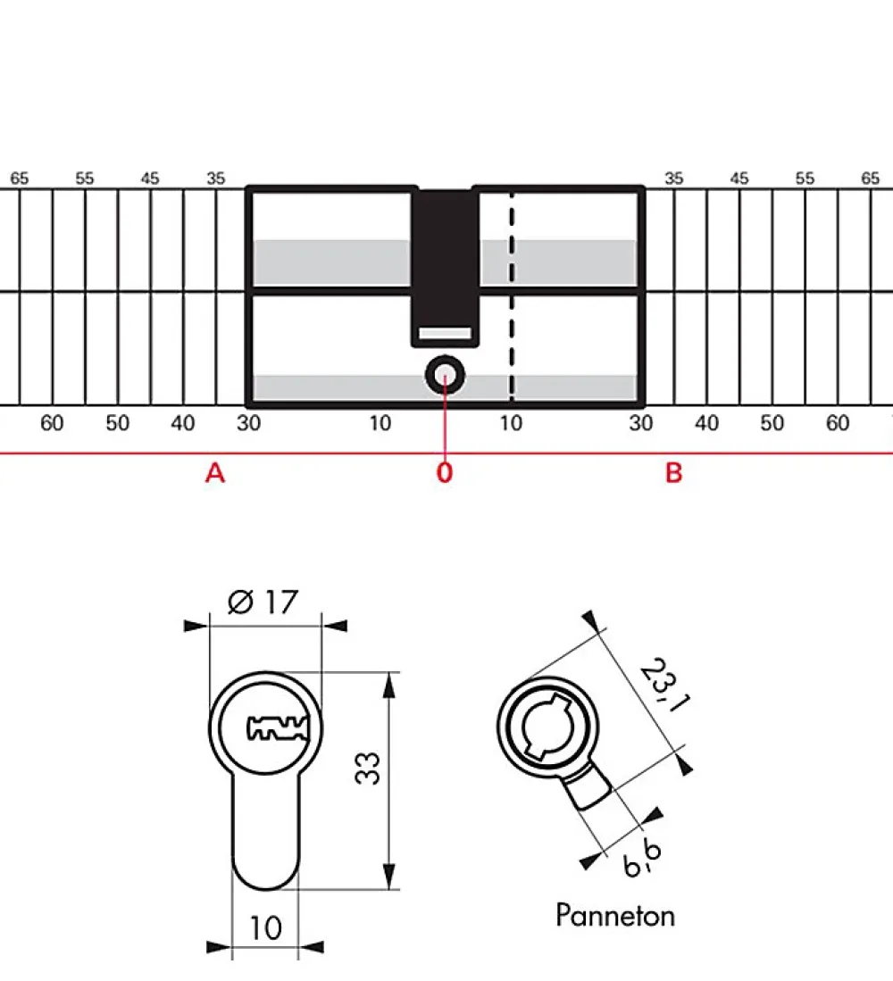 Thirard Cylindre double entrée Transit 1, 35x45mm, nickelé, 5 clés -