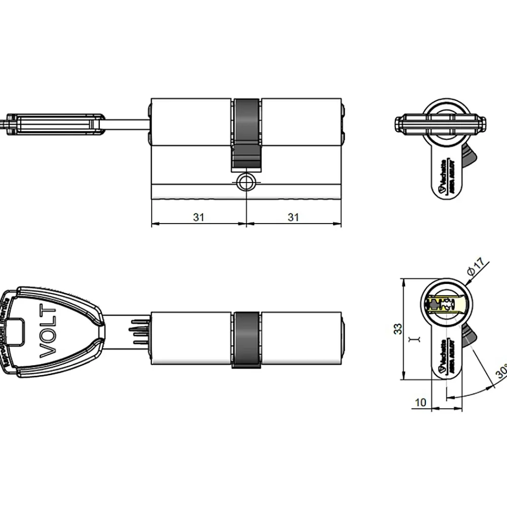 Vachette Cylindre De Serrure-Cylindre Volt Synkro 30 x 30 mm, 4 clés
