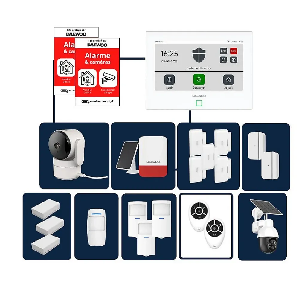 Daewoo Alarme Sans Fil-- Alarme maison sans fil avec écran tactile 7'' AM353 - 1 caméra extérieure autonome et 1 intérieure et 17 accessoires - Sa