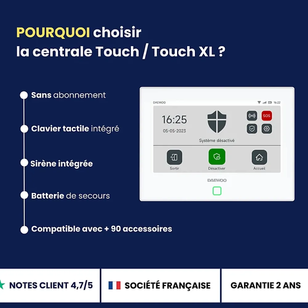 Daewoo Alarme Sans Fil-- Alarme maison sans fil avec écran tactile 7'' AM353 - 1 caméra extérieure autonome et 1 intérieure et 17 accessoires - Sa