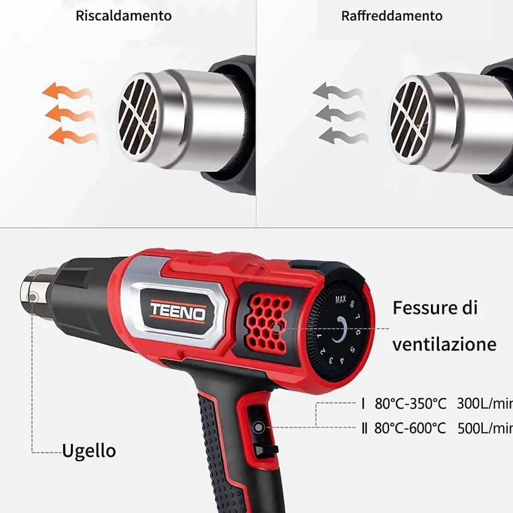 Teeno Décapeur thermique 2000W Pistolet à Air Chaud coffret avec 8 accessoires