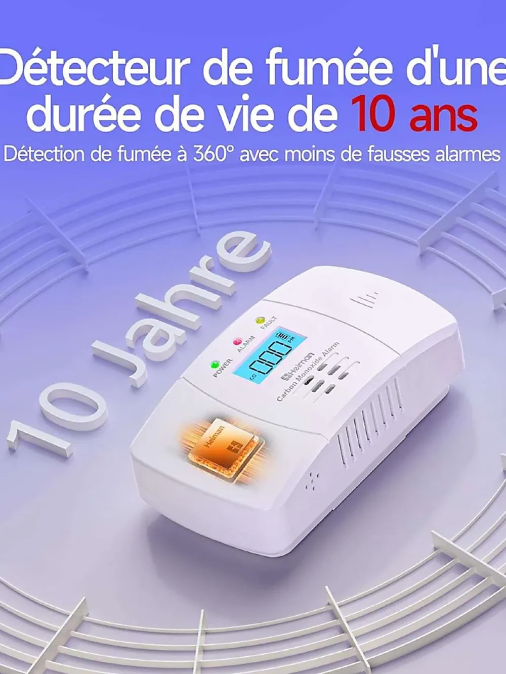 Generique Détecteur De Monoxyde De Carbone Et Gaz-Detecteur de monoxyde de carbone avec alarme 85 dB et led rectangulaire L.12.5 x l.7.5 x H.2.8 cm - HEIMAN