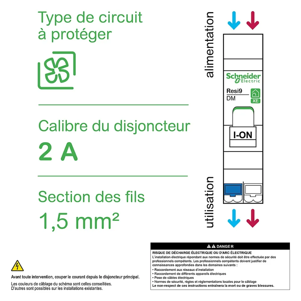 Schneider Electric Disjoncteur embrochable courbe C phase + neutre 2A Resi9 XE