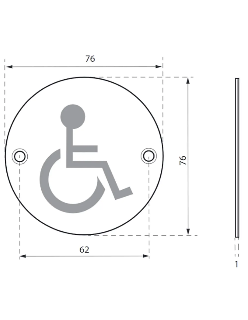 Thirard Disque de signalisation WC Handicapé , à visser, inox brossé, marquage noir, diamètre 76mm -