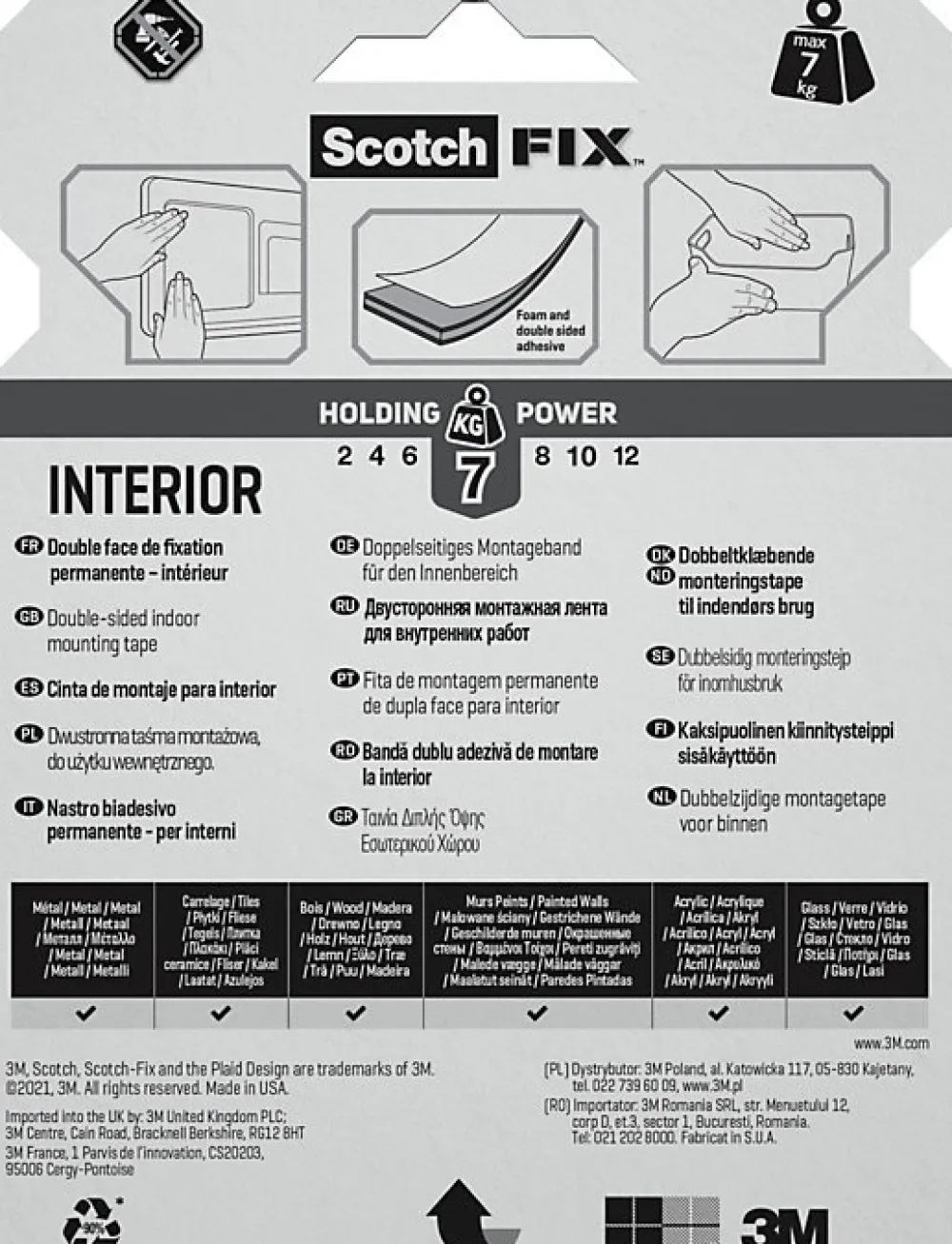 Scotch Double face intérieur 3M 19 mm x 5 m blanc, 7 kg