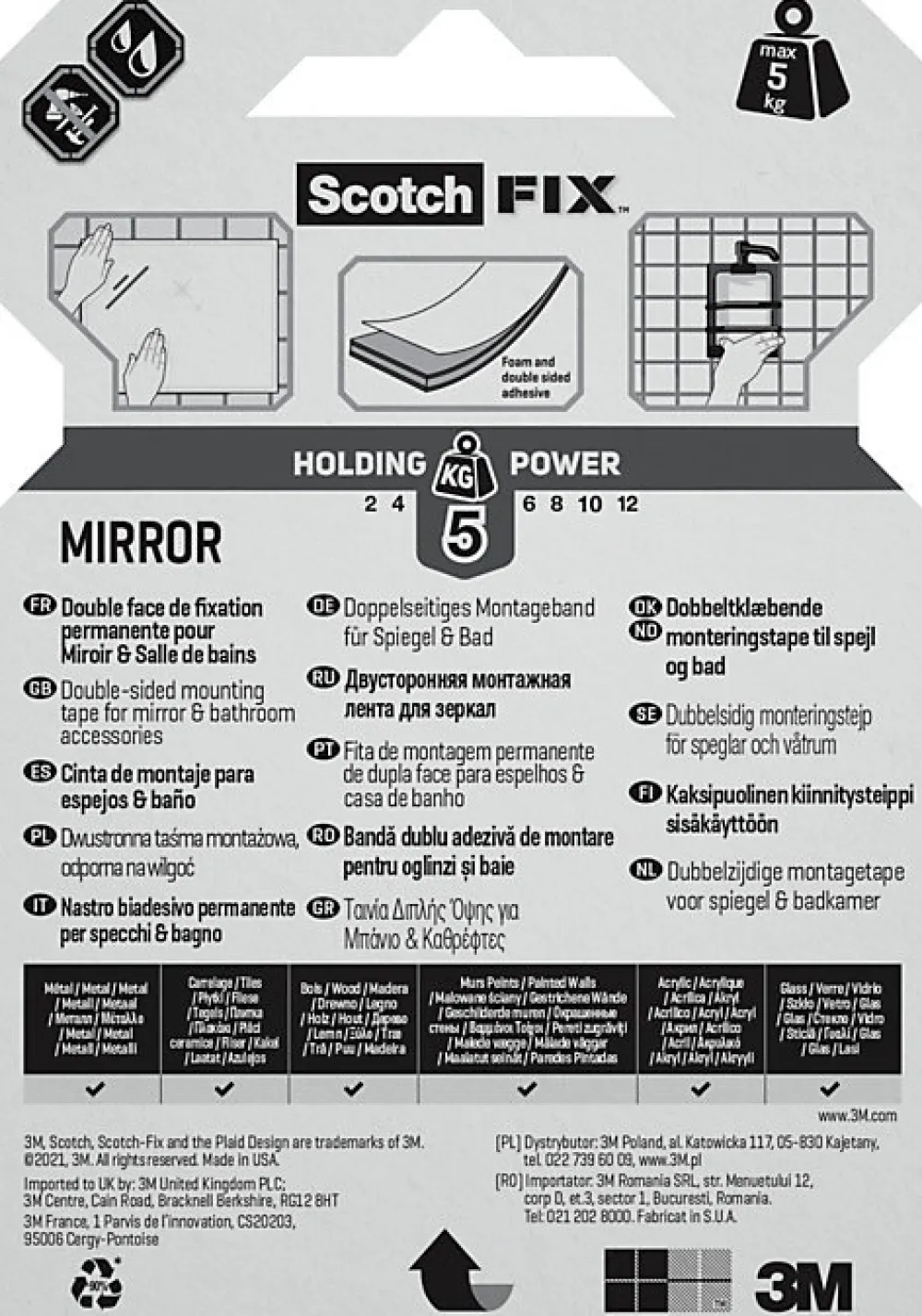 Scotch Double face miroir 3M 19 mm x 1.5 m blanc, 5 kg