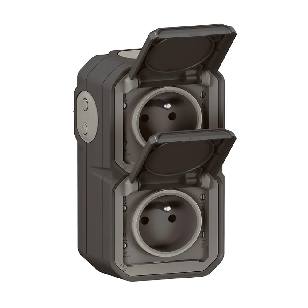 Legrand Prise Étanche-Double prises 2 pôles avec terre verticales Plexo anthracite en saillie