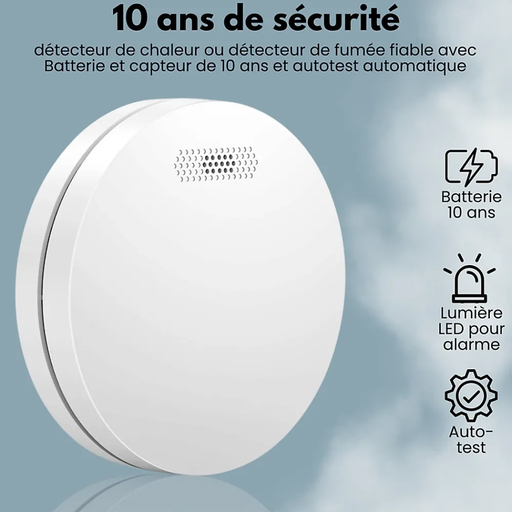 Aroha Détecteur De Monoxyde De Carbone Et Gaz-Détecteur de fumée/chaleur connectable Link - Batterie 10 ans - Capteur de fumée interconnecté - Alarme incendie - Pack de 5