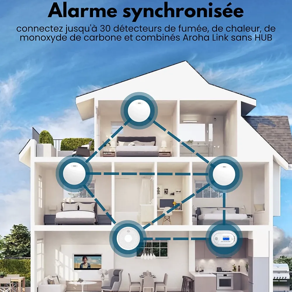 Aroha Détecteur De Monoxyde De Carbone Et Gaz|Détecteur De Fumée, Gaz Et Protection Incendie-Détecteur de fumée/chaleur connectable Link - Batterie 10 ans - Capteur de fumée interconnecté - Alarme incendie