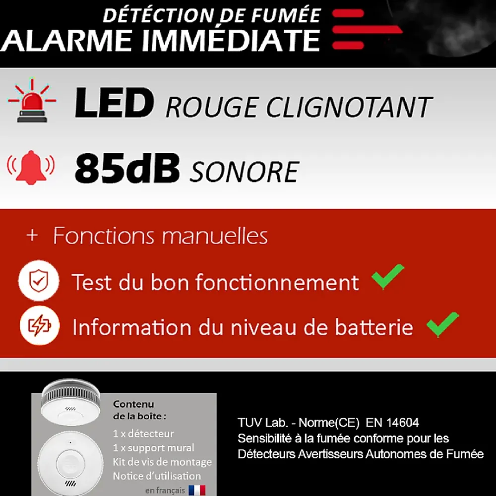 Kyf Détecteur De Fumée|Détecteur De Fumée-Détecteur de fumée connecté WIFI - CE EN14604 - Pile 10 ans scellée et Kit de fixation magnétique