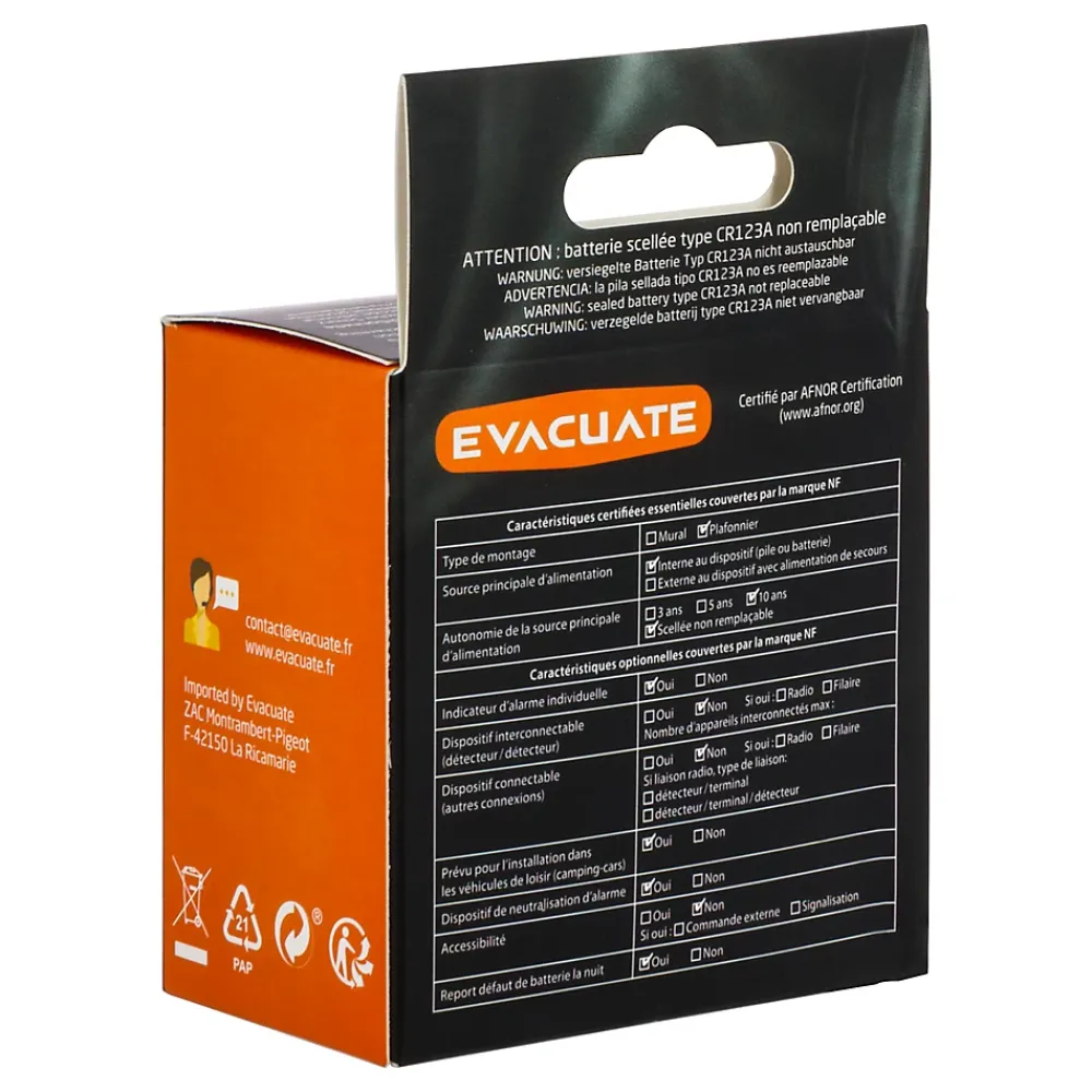 Détecteur De Fumée|Détecteur De Fumée, Gaz Et Protection Incendie-Détecteur de fumée Evacuate autonomie 10 ans 85 dB(A)