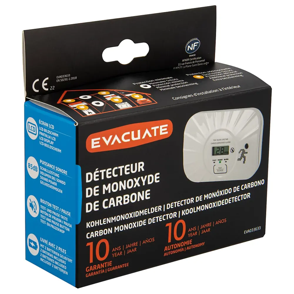 Evacuate Détecteur de monoxyde de carbone LCD 10 ans