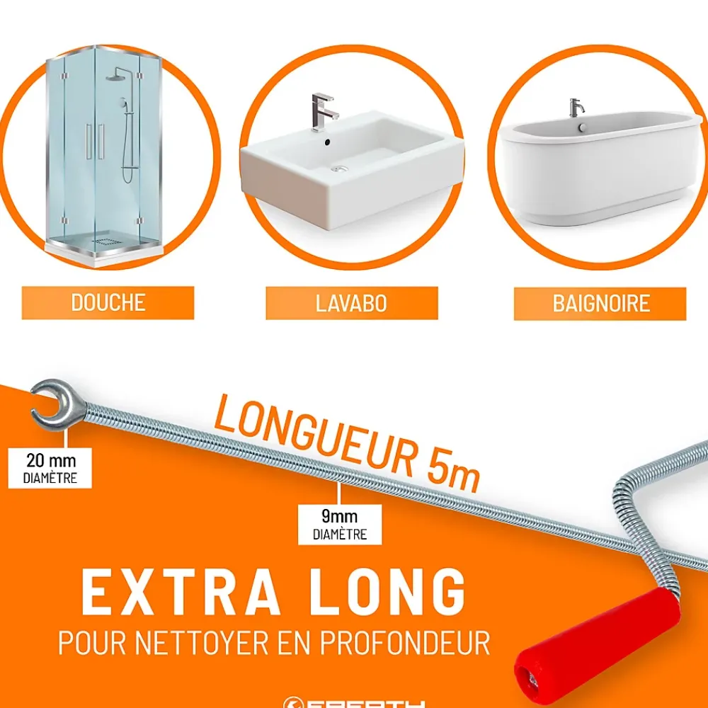 Eberth Furet Déboucheur-Spirale de nettoyage de tuyaux 5m de long et 9mm de diamètre pour tuyaux à partir de 40mm tête en forme de griffe de 20mm