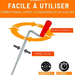 Eberth Furet Déboucheur-Spirale de nettoyage de tuyaux 5m de long et 9mm de diamètre pour tuyaux à partir de 40mm tête en forme de griffe de 20mm