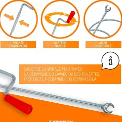 Eberth Furet Déboucheur-Spirale de nettoyage de tuyaux 3m de long et 9mm de diamètre pour tuyaux à partir de 40mm tête en forme de griffe de 20mm