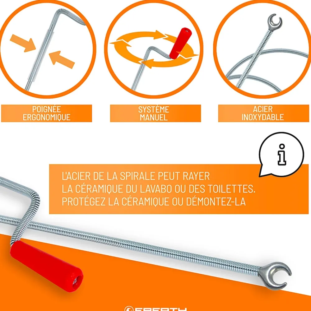 Eberth Furet Déboucheur-Spirale de nettoyage de tuyaux 3m de long et 9mm de diamètre pour tuyaux à partir de 40mm tête en forme de griffe de 20mm